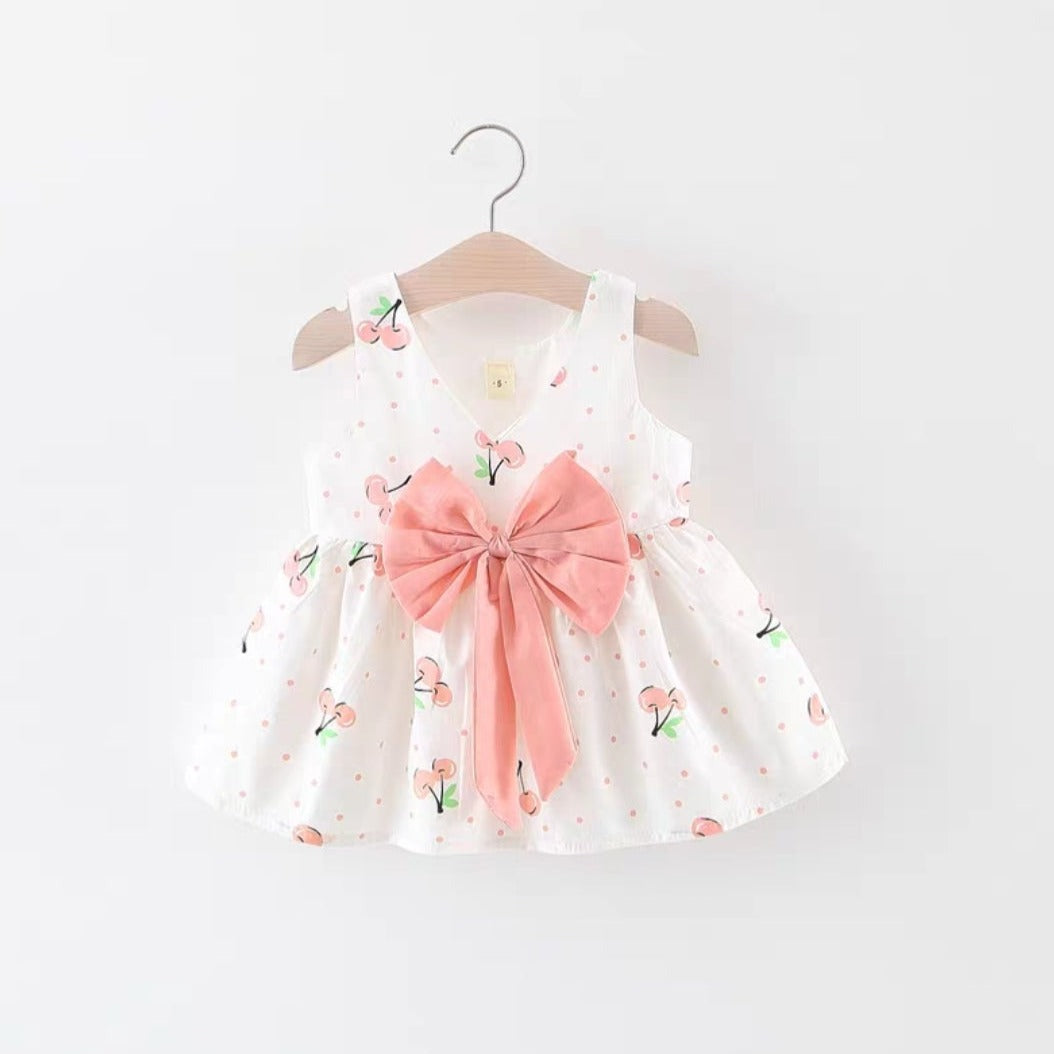[102476] - Baju Mini Dress Lengan Kutung Fashion Import Anak Perempuan - Motif Ribbon Cherries