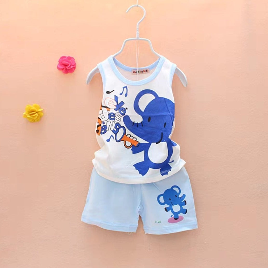 [102490] - Baju Setelan Santai Kaos Kutung Fashion Import Anak Laki-Laki - Motif Toy Elephant
