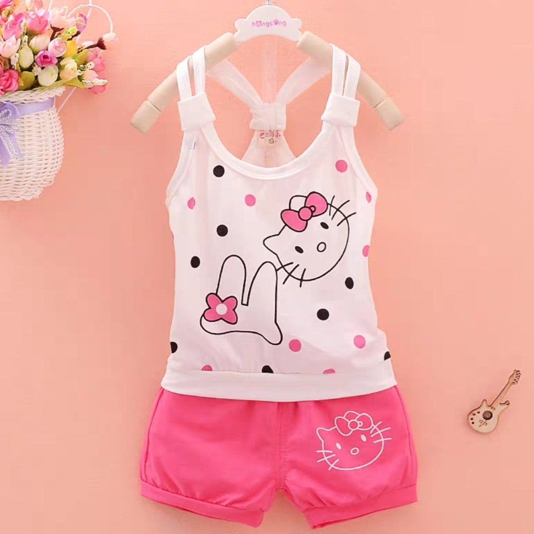 [102526] - Baju Setelan Kaos Kutung Fashion Import Anak Perempuan - Motif Famous Cat