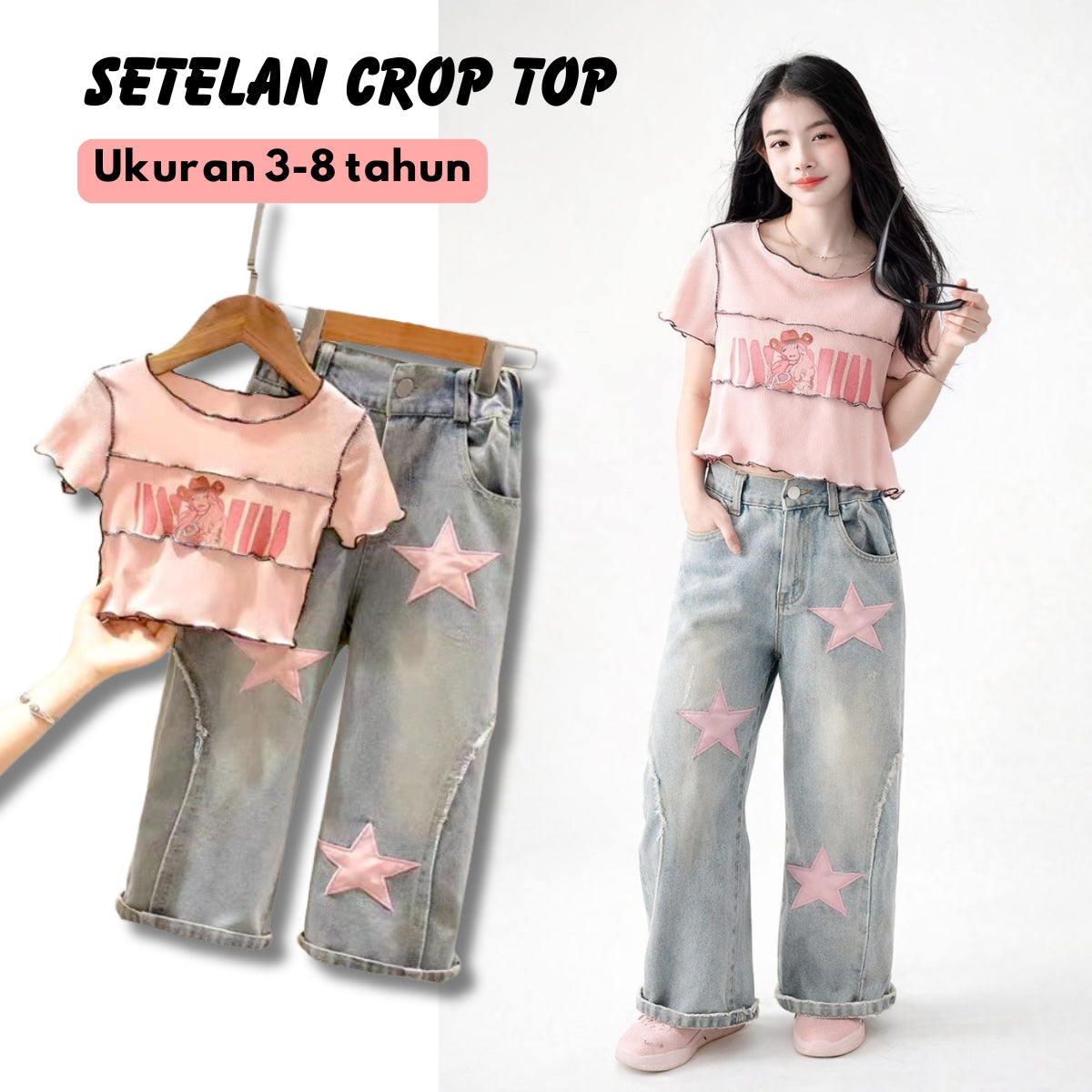 [363728] - BABYHOKI STORE Oneset 2in1 Setelan Atasan Baju Crop Top Celana Jeans Fashion Anak Perempuan - Motif Star Wavy