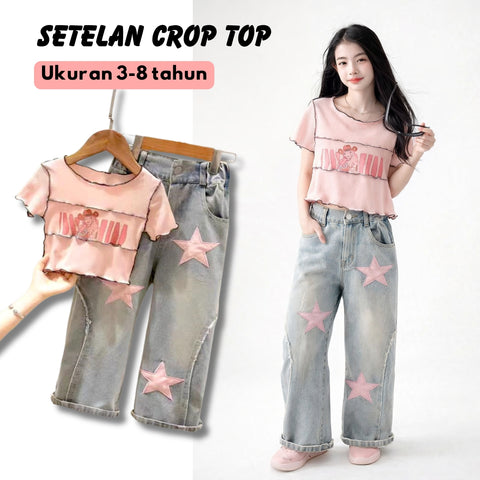[363728] - BABYHOKI STORE Oneset 2in1 Setelan Atasan Baju Crop Top Celana Jeans Fashion Anak Perempuan - Motif Star Wavy