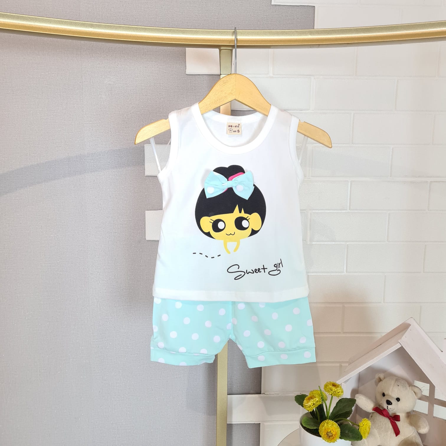 [102437] - Baju Setelan Kaos Lengan Kutung Fashion Anak Perempuan - Motif Round Girl