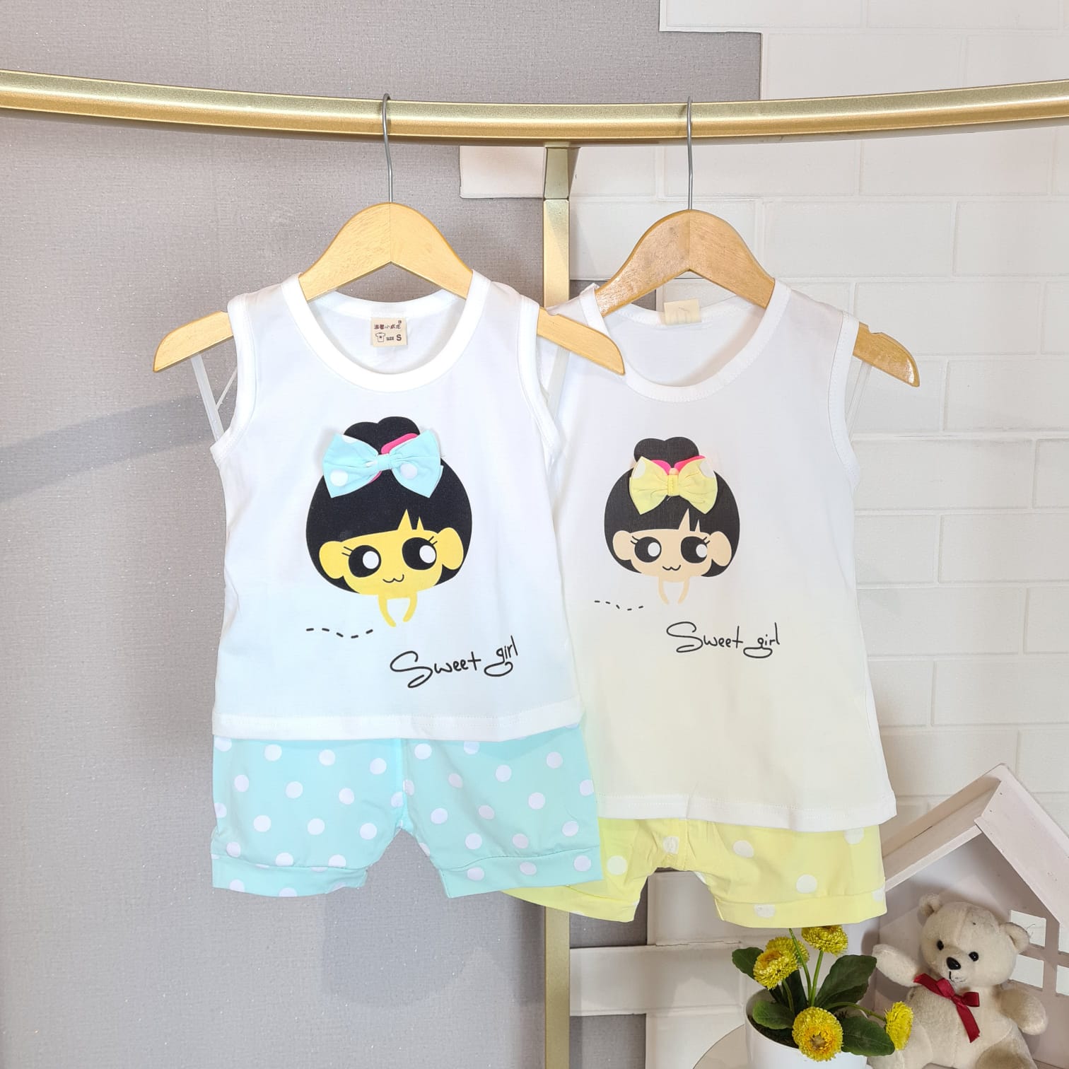 [102437] - Baju Setelan Kaos Lengan Kutung Fashion Anak Perempuan - Motif Round Girl