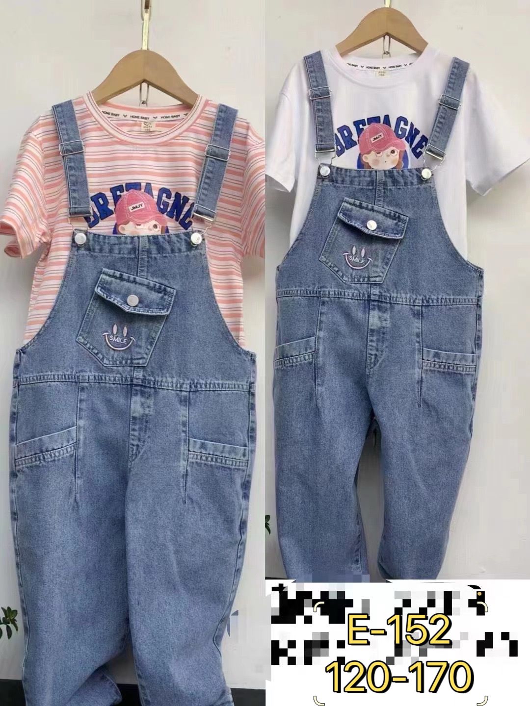 [5071021-V1] - Baju Setelan Overall Jeans Panjang Fashion Anak Perempuan - Motif Smile Face