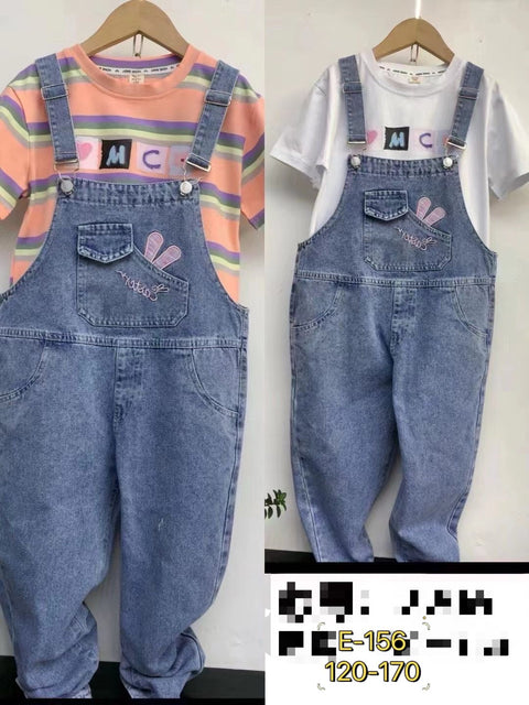 [5071022-V1] - Baju Setelan Overall Jeans Panjang Fashion Anak Perempuan - Motif Bunny Letter