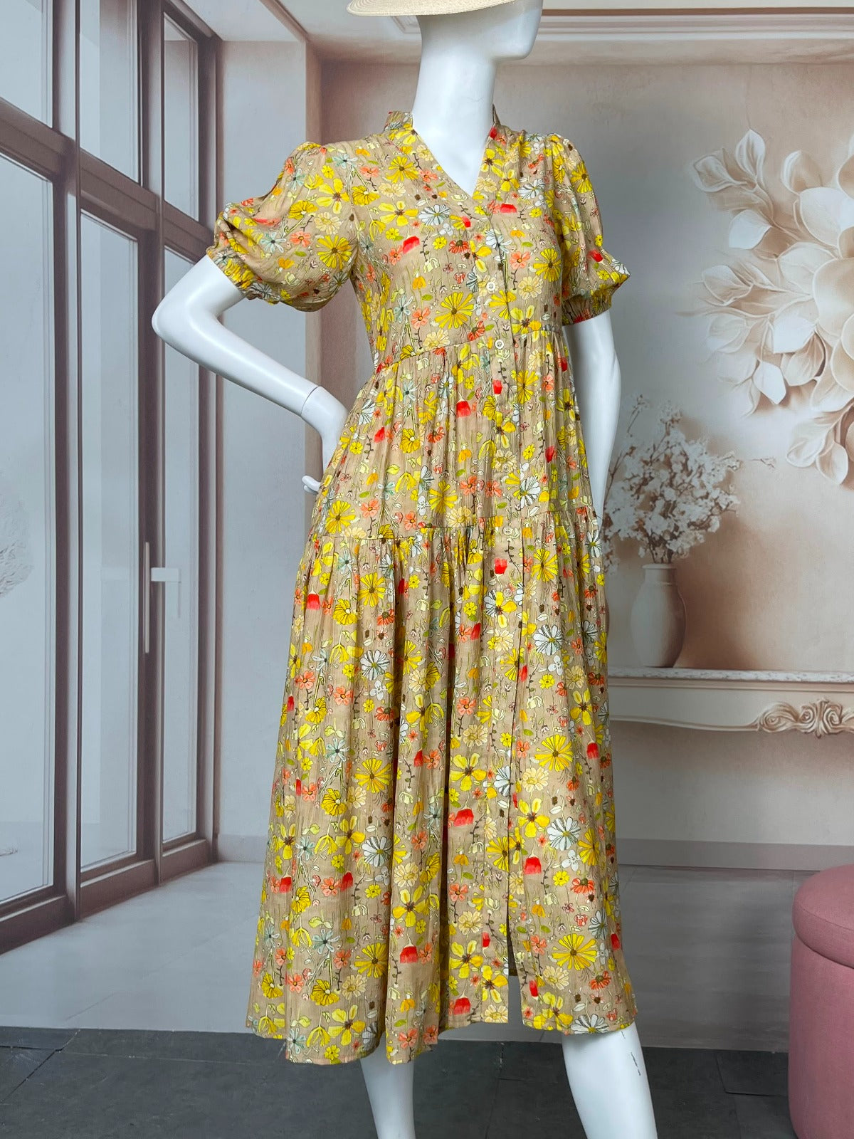 [DR104] - Dress midi Printed Wanita Shortsleeve tali pinggang