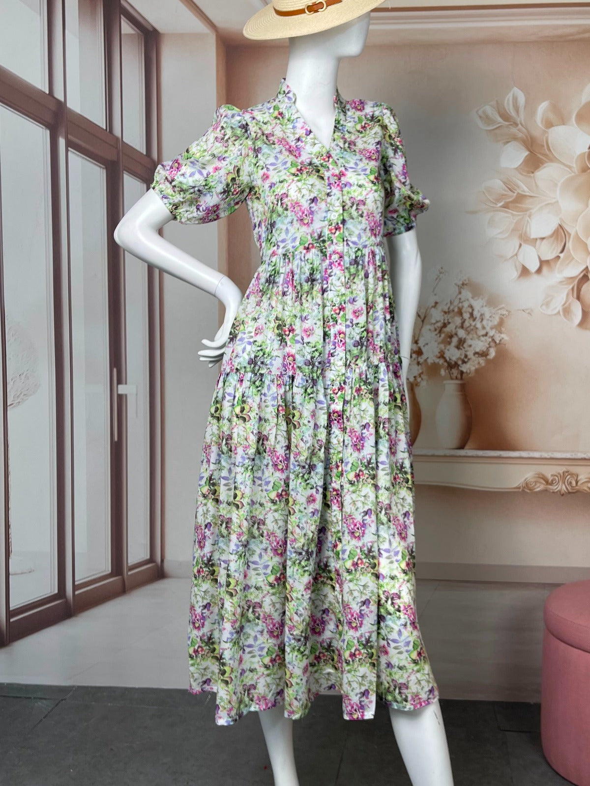 [DR104] - Dress midi Printed Wanita Shortsleeve tali pinggang