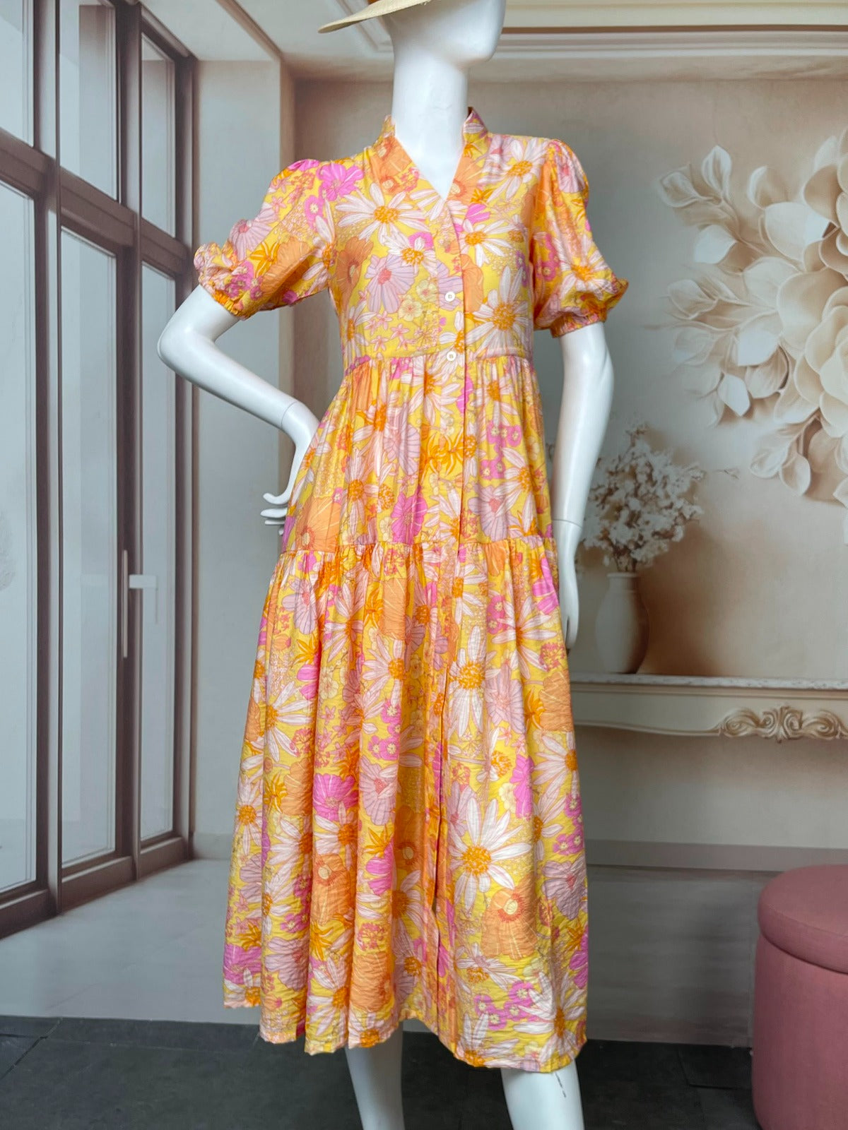[DR104] - Dress midi Printed Wanita Shortsleeve tali pinggang