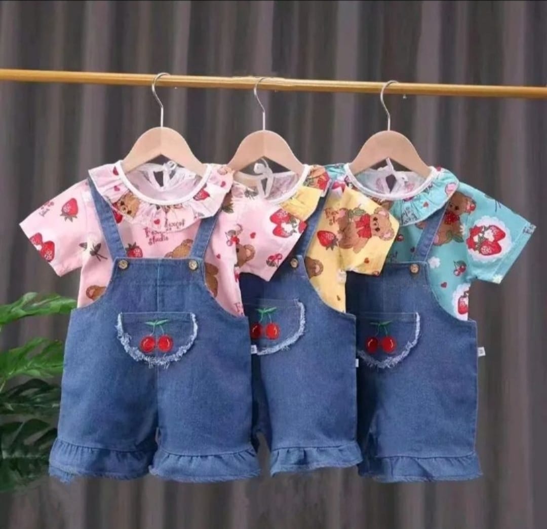 [340341-V1] - Baju Setelan Blouse Kaos Overall Fashion Anak Perempuan - Motif Ribbon Bear