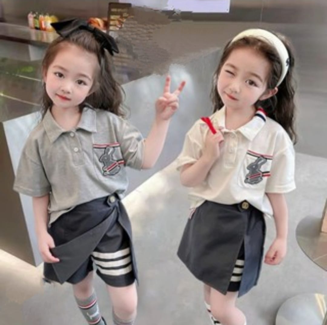 [345477-V1] - Baju Setelan Kaos Kerah Polo Fashion Anak Perempuan - Motif Bunny Lines