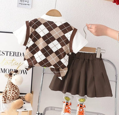 [340430-V1] - Baju Setelan Blouse Rok Plisket Fashion Anak Perempuan - Motif Diamond Box