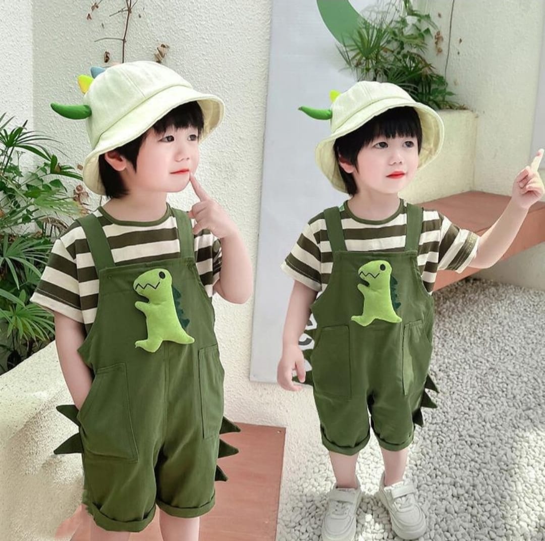[345470-V1] - Baju Setelan Kaos Bawahan Overall Fashion Anak Cowok - Motif Dino Striped