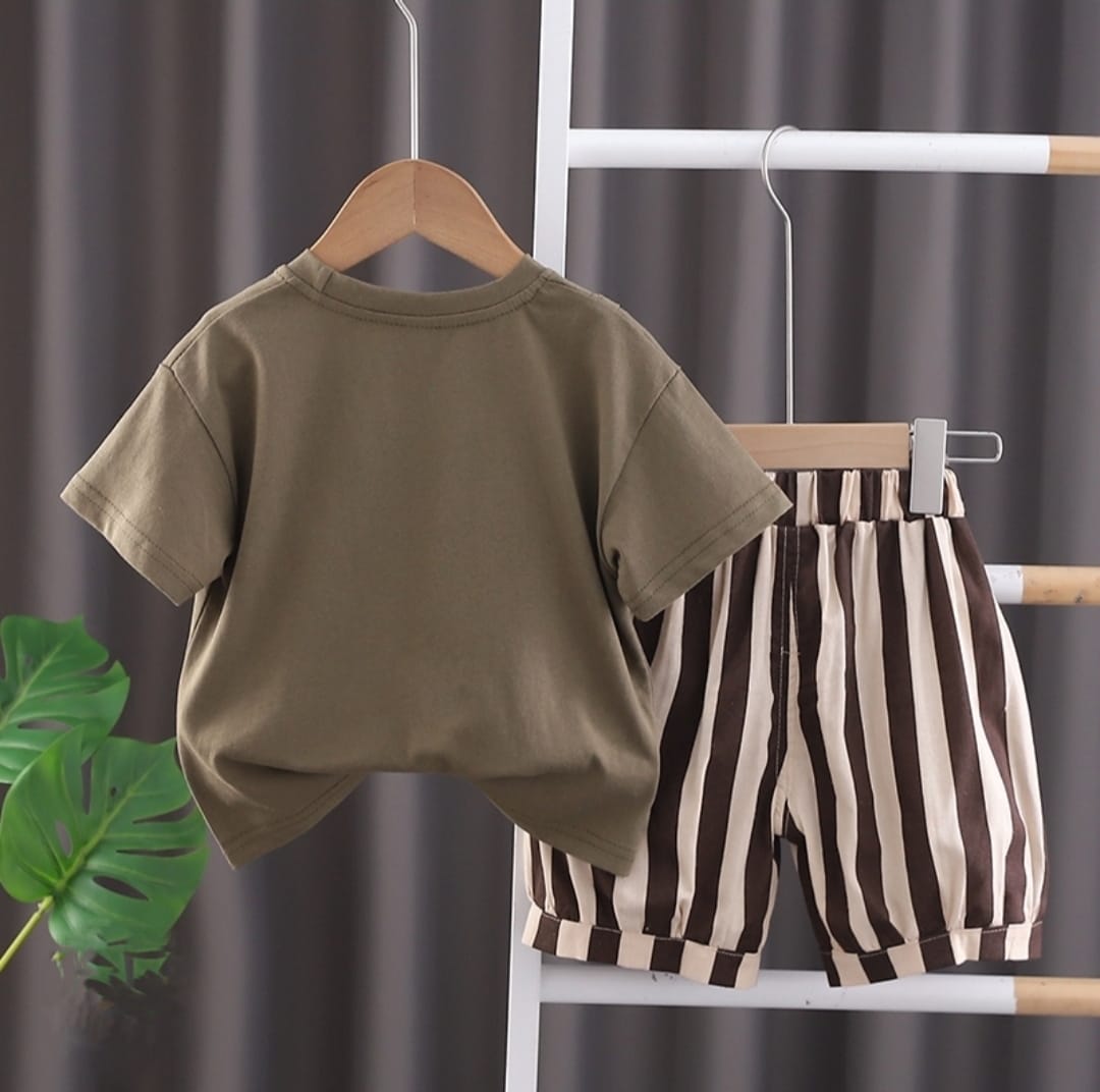 [345469-V1] - Baju Setelan Kaos Polos Celana Belang Fashion Anak Cowok - Motif Plain Striped