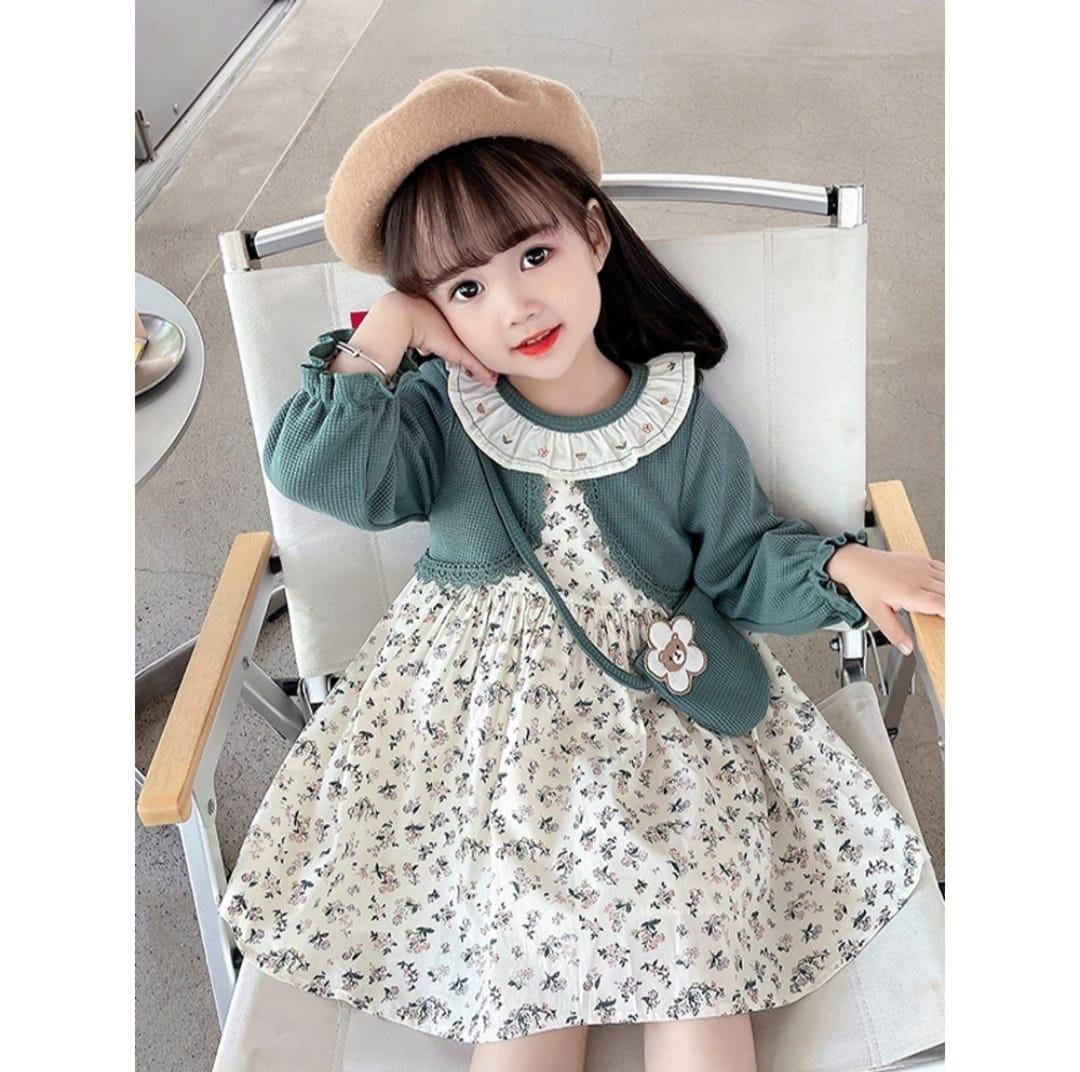 [340412-V1] - Baju Dress Lengan Panjang Fashion Anak Perempuan - Motif Sleeve Flower
