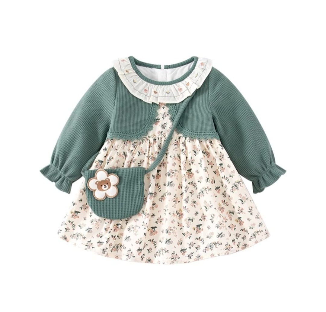[340412-V1] - Baju Dress Lengan Panjang Fashion Anak Perempuan - Motif Sleeve Flower