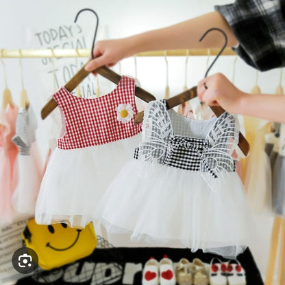 [352181-RED] - Dress 3D Anak Perempuan High Fashion - Motif Gingham Butterfly Wings