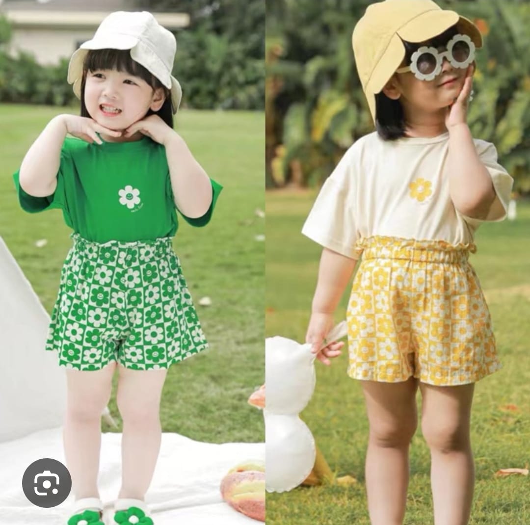[340428-V1] - Baju Setelan Kaos Celana Pendek Fashion Anak Perempuan - Motif Bloom Flower