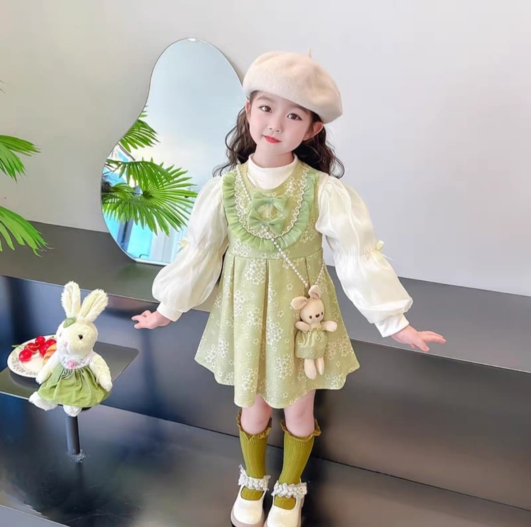 [340426-V1] - Baju Mini Dress Lengan Panjang Fashion Anak Perempuan - Motif Ribbon Flower