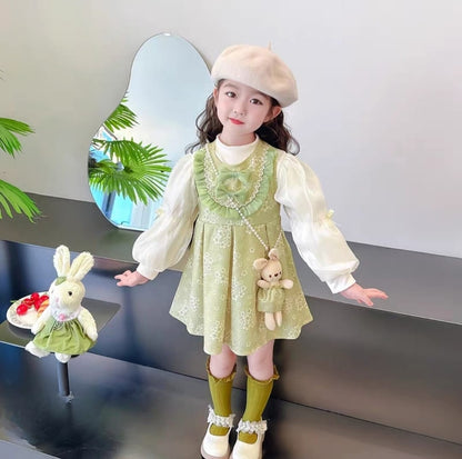 [340426-V1] - Baju Mini Dress Lengan Panjang Fashion Anak Perempuan - Motif Ribbon Flower