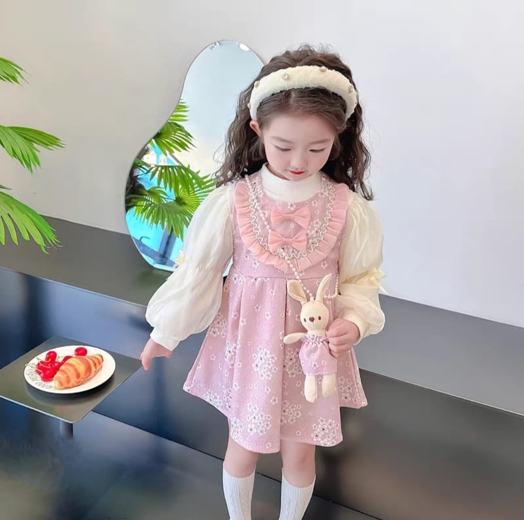 [340426-V1] - Baju Mini Dress Lengan Panjang Fashion Anak Perempuan - Motif Ribbon Flower
