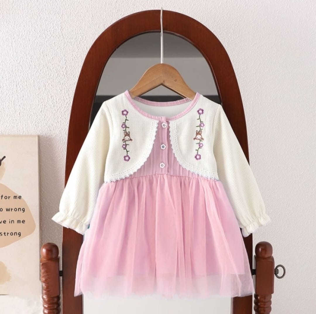 [340422-V1] - Baju Dress Lengan Panjang Rajut Fashion Anak Perempuan - Motif Knit Flower