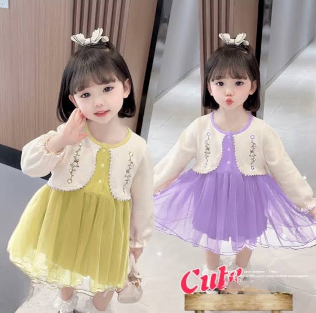 [340422-V1] - Baju Dress Lengan Panjang Rajut Fashion Anak Perempuan - Motif Knit Flower