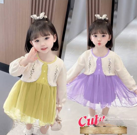 [340422-V1] - Baju Dress Lengan Panjang Rajut Fashion Anak Perempuan - Motif Knit Flower