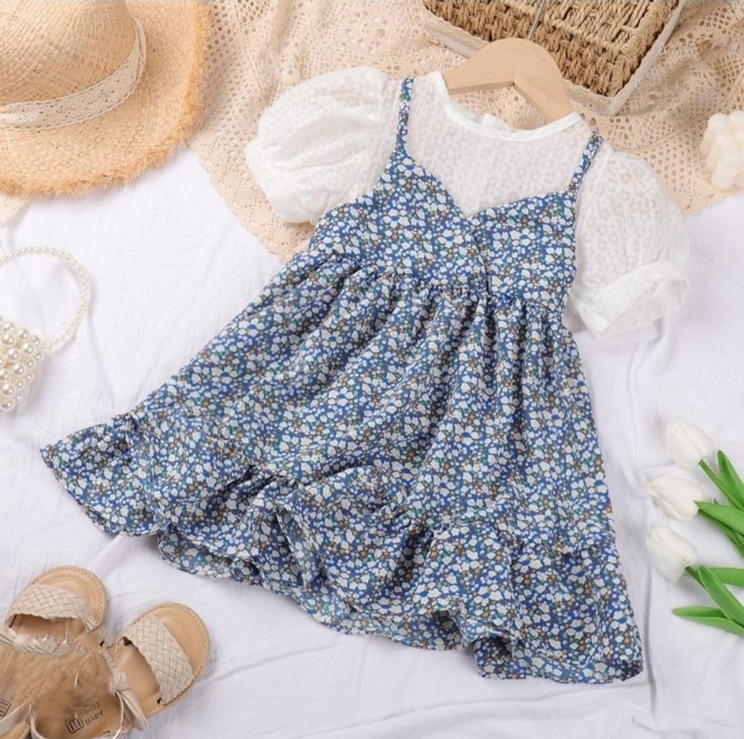 [340417-V1] - Baju Dress Bunga Lengan Pendek Fashion Anak Perempuan - Motif Flat Flowers
