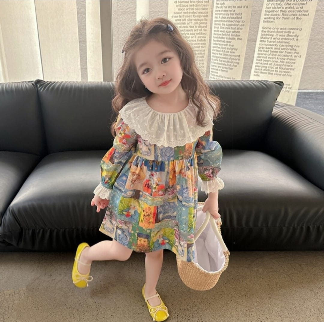 [340416-V1] - Baju Dress Bunga Lengan Panjang Fashion Anak Perempuan - Motif Mixed Flowers
