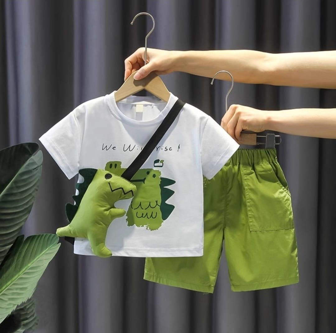 [345468-V1] - Baju Setelan Kaos Celana Pendek Fashion Anak Laki-Laki - Motif Dino Shoulder