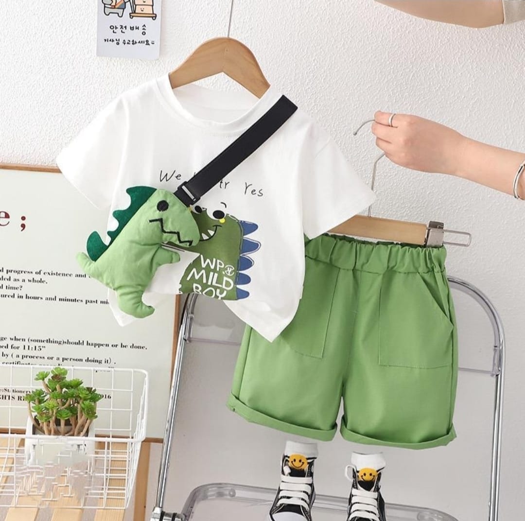 [345468-V1] - Baju Setelan Kaos Celana Pendek Fashion Anak Laki-Laki - Motif Dino Shoulder