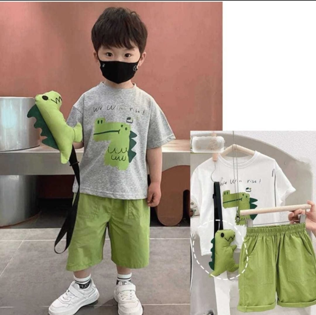 [345468-V1] - Baju Setelan Kaos Celana Pendek Fashion Anak Laki-Laki - Motif Dino Shoulder