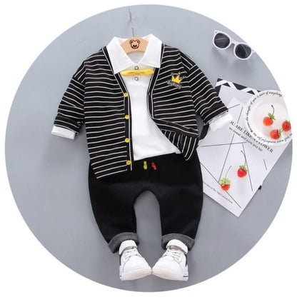[345472-V1] - Baju Setelan 3 in 1 Polo Kerah Fashion Anak Laki-Laki - Motif Striped Crown