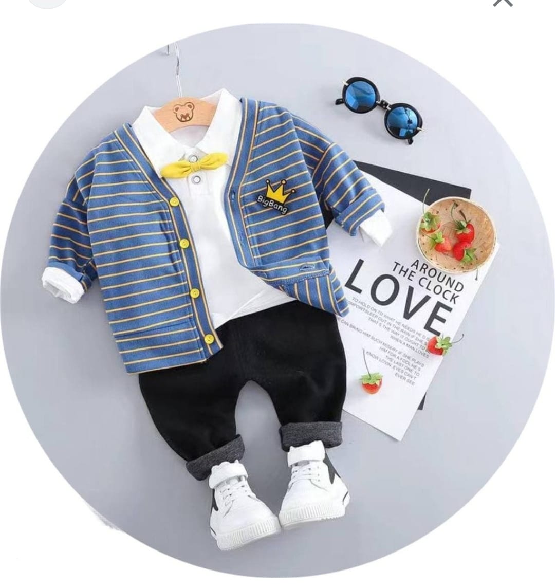 [345472-V1] - Baju Setelan 3 in 1 Polo Kerah Fashion Anak Laki-Laki - Motif Striped Crown