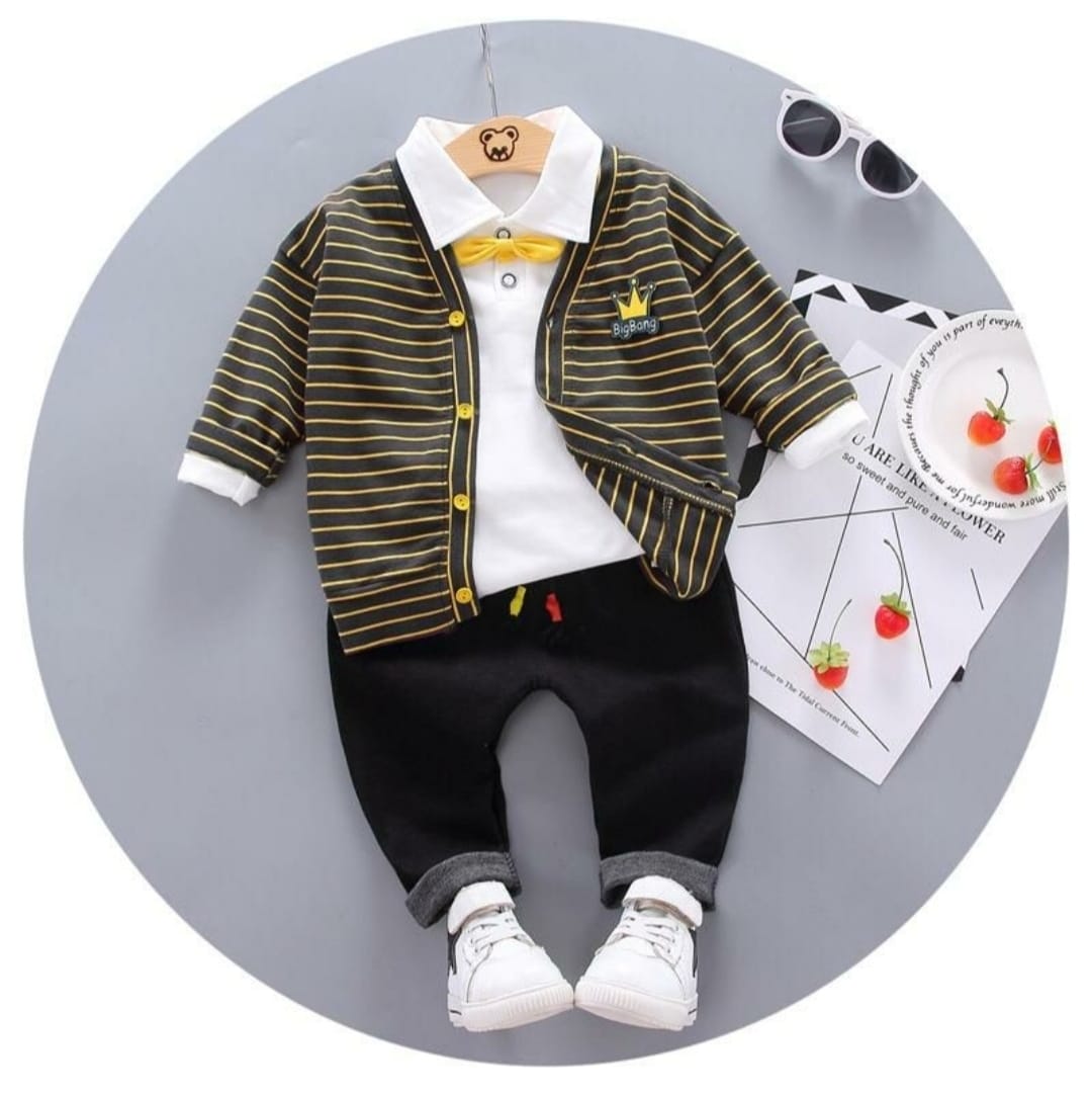 [345472-V1] - Baju Setelan 3 in 1 Polo Kerah Fashion Anak Laki-Laki - Motif Striped Crown