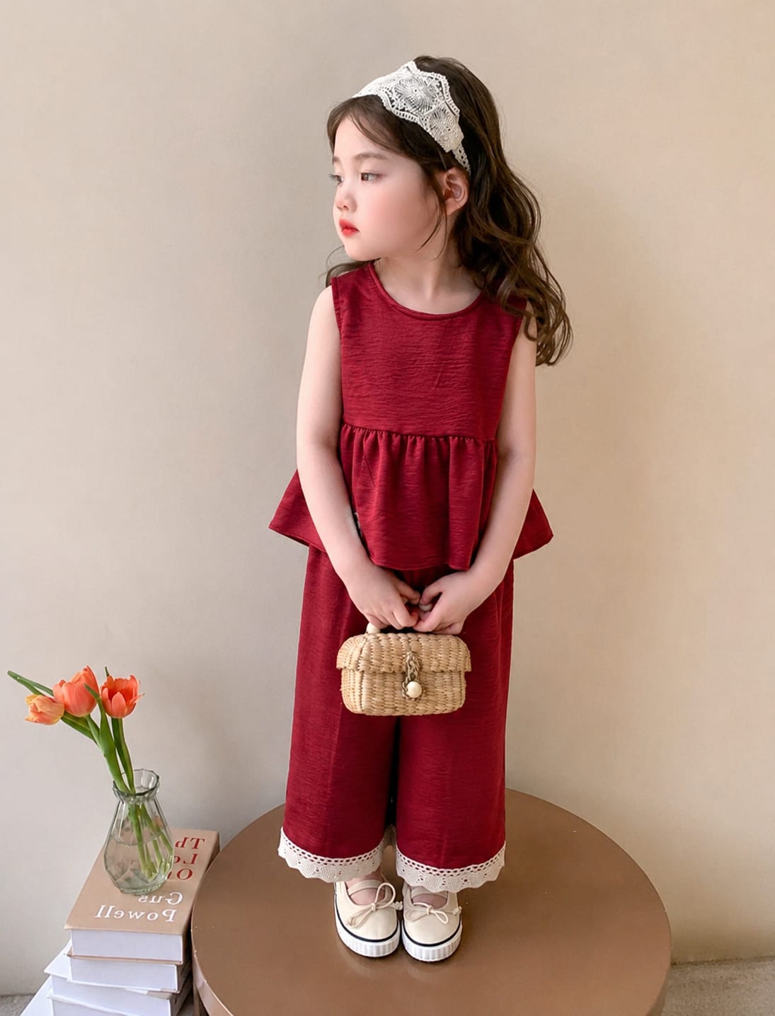 [KV101101] - One Set 2in1 Baju Setelan Atasan Blouse Lengan Kutung Bawahan Celana Panjang Korean Fashion Style Anak Cewek Perempuan - Motif Solid Color with Lace - BABYHOKI STORE