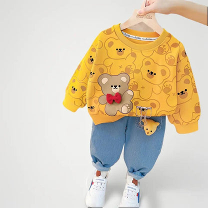 [340285] - Setelan 3D Sweater Crewneck Celana Jeans Anak Perempuan - Motif Ribbon Bear