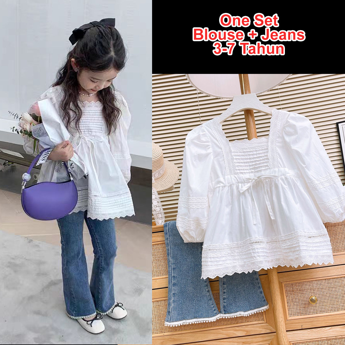[363814] - Setelan One Set Baju Blouse Lengan Panjang Celana Panjang Jeans Cut Bray Fashion Anak Perempuan - Motif Casual Calm