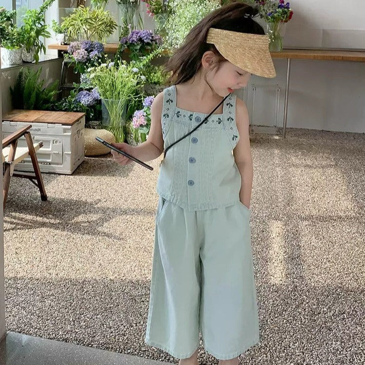 [363682] - Baju Setelan Atasan Kancing Celana Panjang Jeans Fashion Anak Perempuan - Motif Gradient Denim