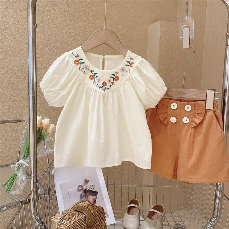 BABYHOKI STORE Usia 7 8 9 10 Tahun Baju Anak Tanggung Cewek [363642] - Setelan Blouse Celana Pendek Chino Anak Perempuan - Motif Collar Flower