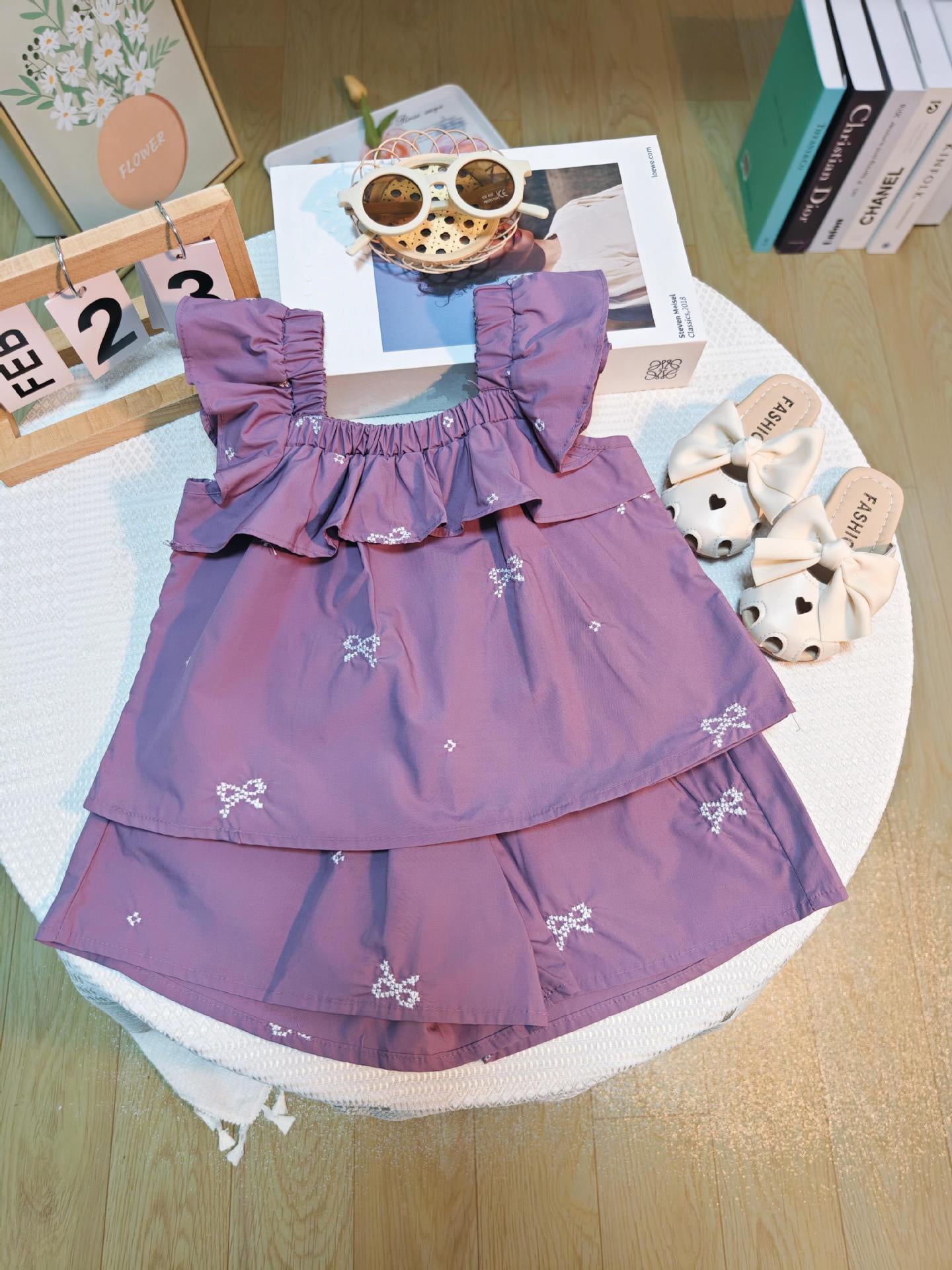 [363727] - Setelan Atasan Baju Tanpa Lengan Celana Pendek Fashion Anak Perempuan - Motif Ruffles Ribbon