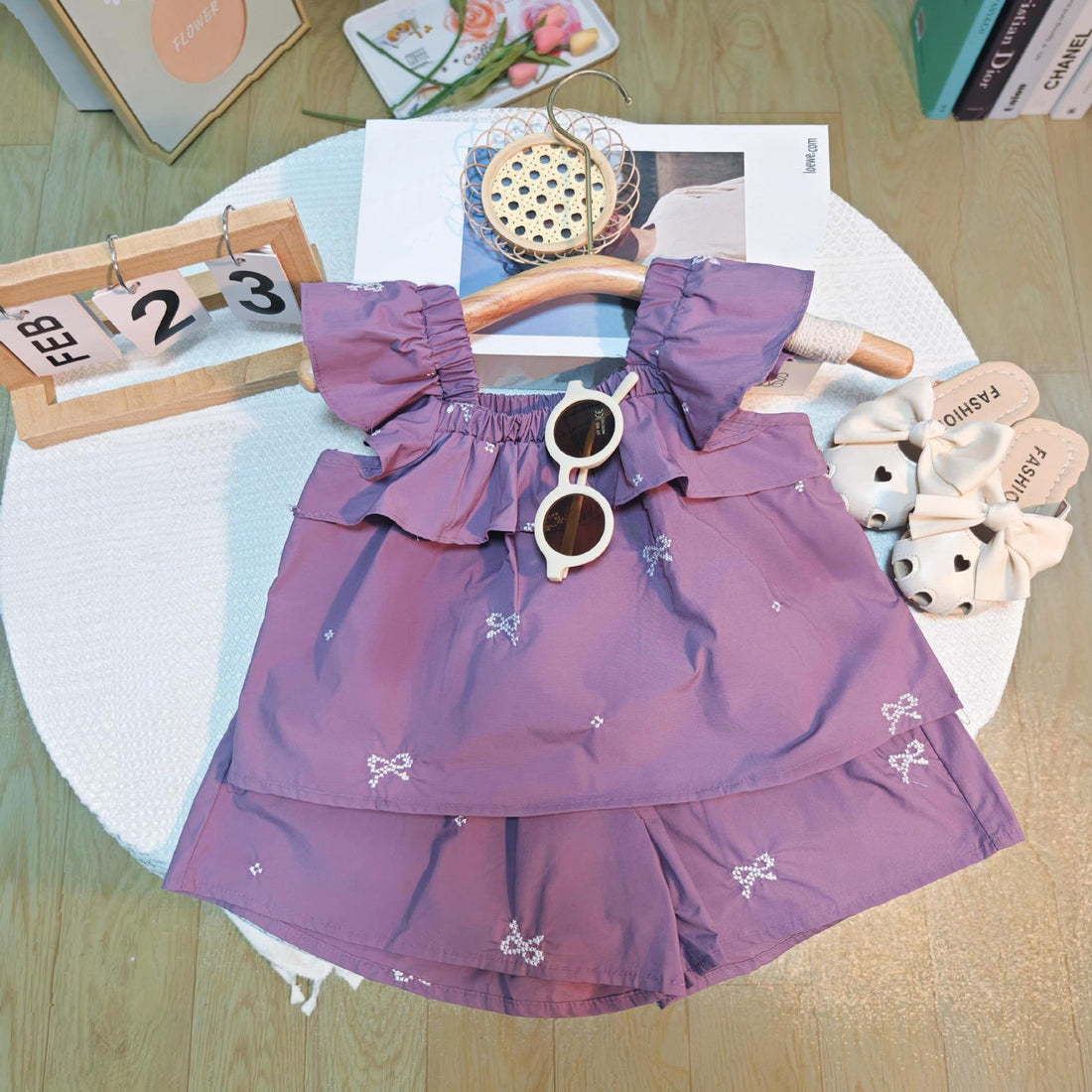 [363727] - Setelan Atasan Baju Tanpa Lengan Celana Pendek Fashion Anak Perempuan - Motif Ruffles Ribbon