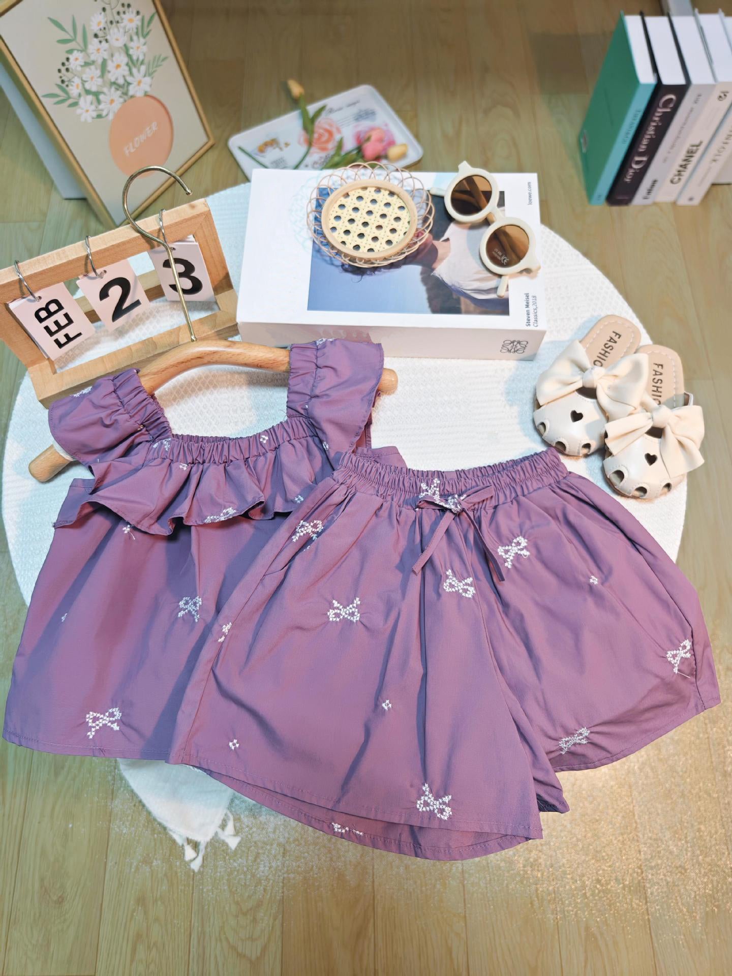 [363727] - Setelan Atasan Baju Tanpa Lengan Celana Pendek Fashion Anak Perempuan - Motif Ruffles Ribbon