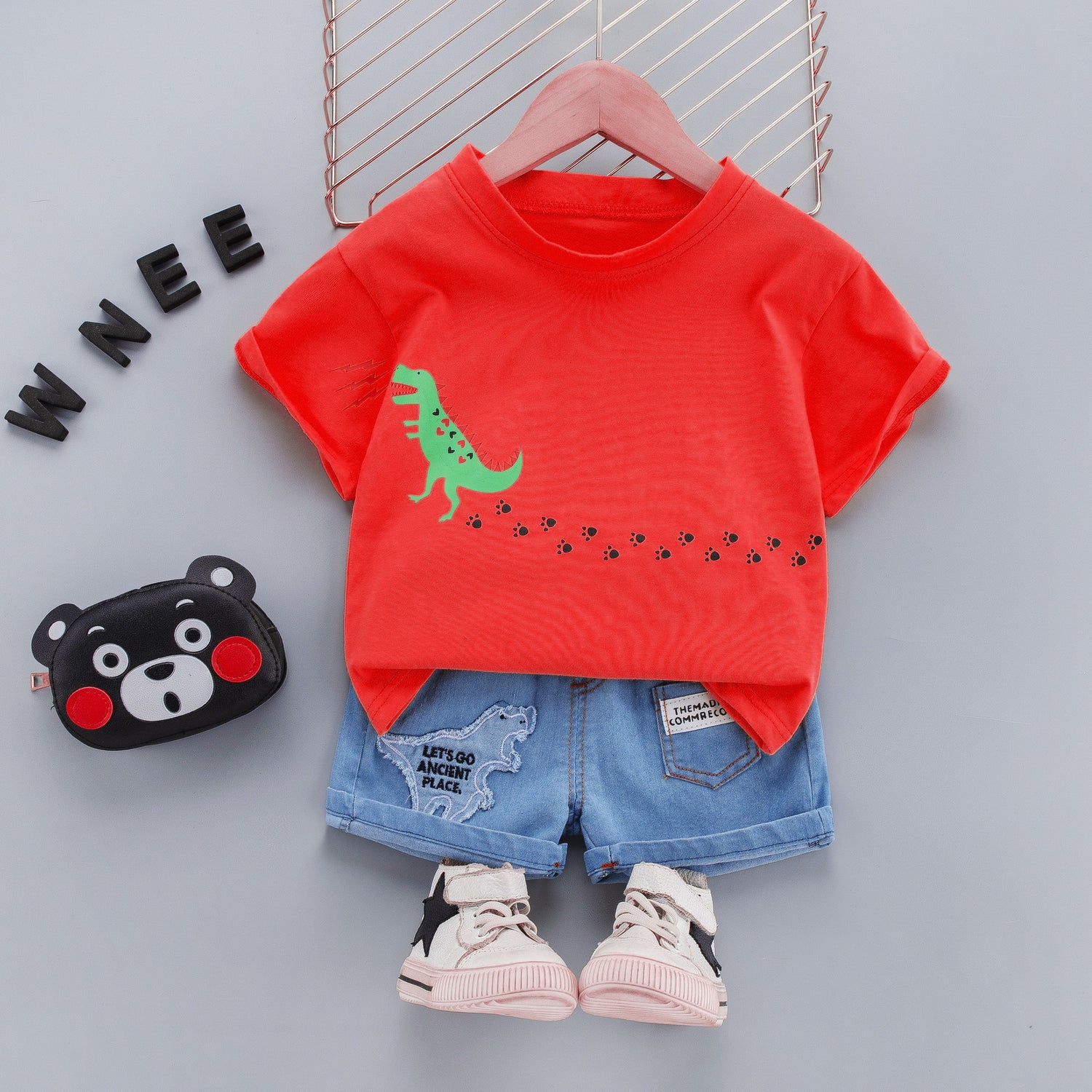 [345361] - Setelan Kaos Celana Pendek Jeans Anak Laki-Laki - Motif Dinos Trail