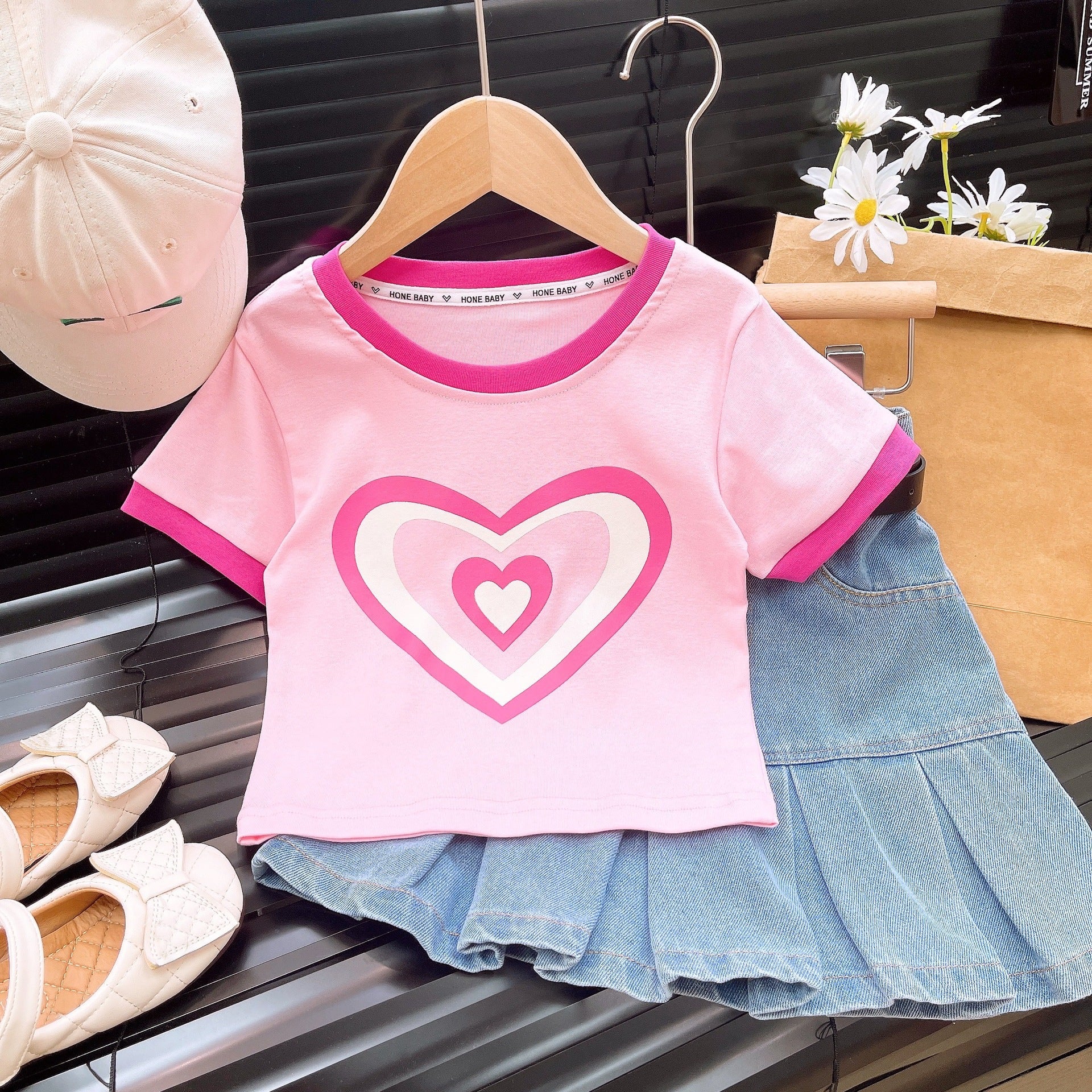 [363779] - Oneset Lucu Setelan Baju Kaos Lengan Pendek Bawahan Rok Jeans Denim Fashion Anak Perempuan Cewek - Motif Beautiful Heart