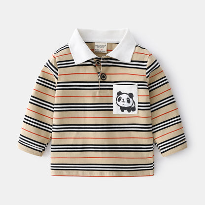 [513718] - Atasan Polo Kerah Lengan Panjang Anak Laki-Laki - Motif Striped Pandas