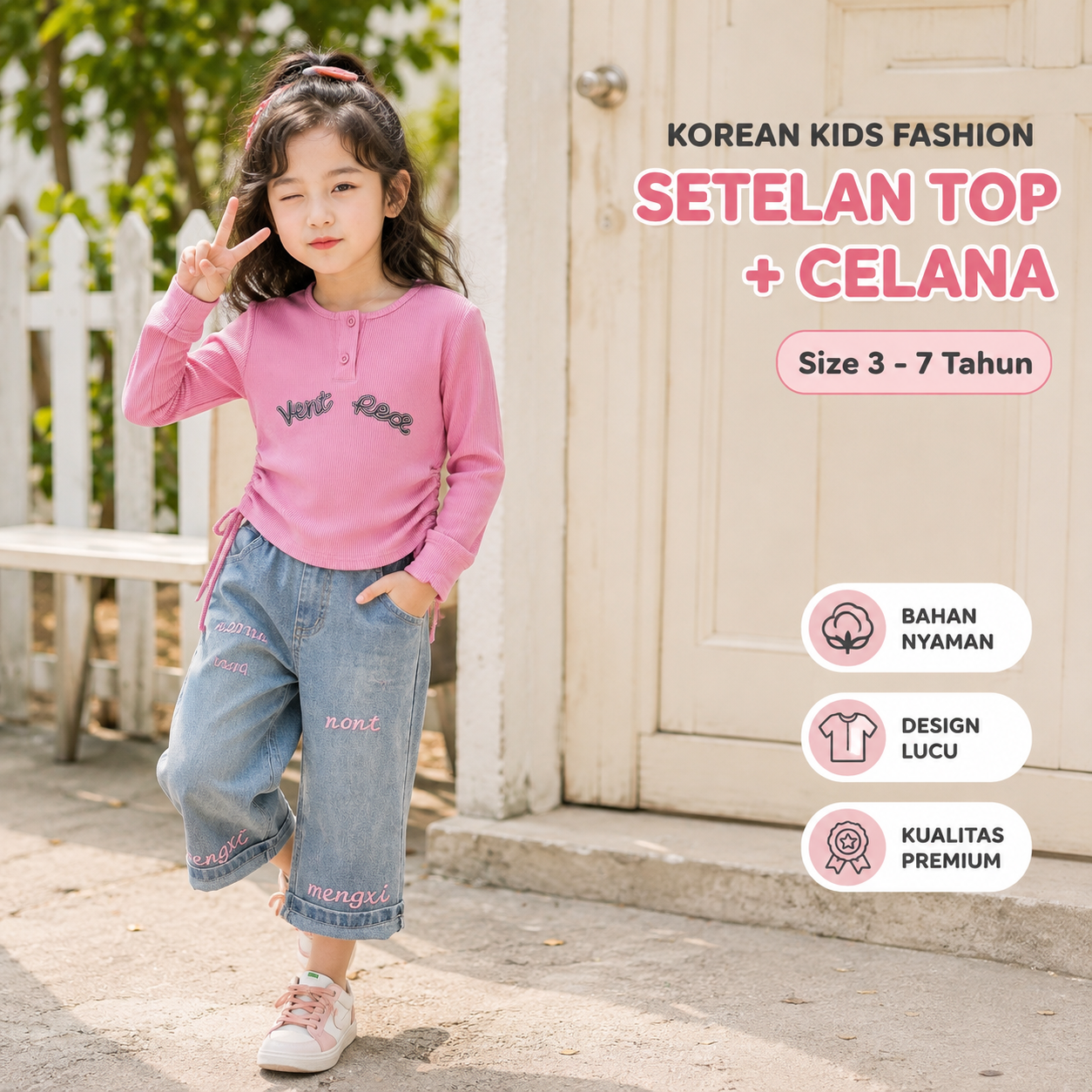 [363796] - Setelan Pink Ala Korea Baju Kaos Lengan Panjang Celana Panjang Jeans Fashion Anak Perempuan Cewek - Motif Vent Red