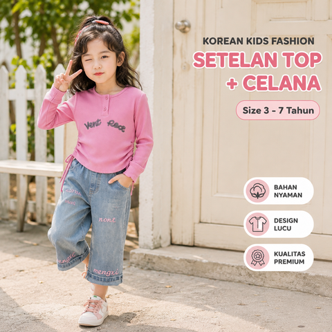[363796] - Setelan Pink Ala Korea Baju Kaos Lengan Panjang Celana Panjang Jeans Fashion Anak Perempuan Cewek - Motif Vent Red