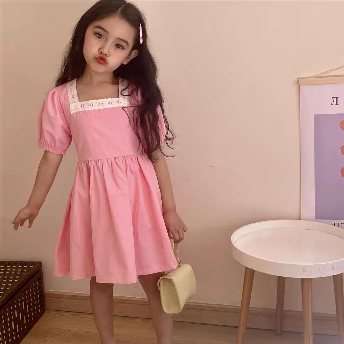 [507S107] - Baju Dress Lengan Pendek Fashion Anak Perempuan - Motif Square Lace