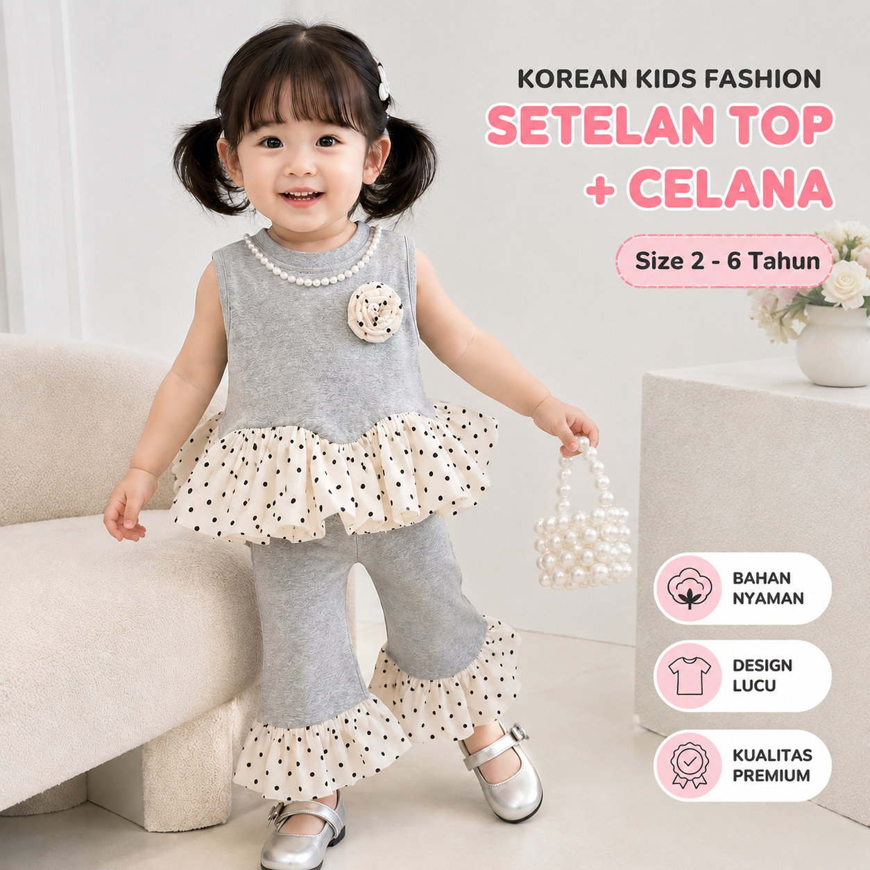 [363863] - Setelan Baju Atasan Lengan Kutung Bawahan Celana Panjang Fashion Anak Perempuan Cewek - Motif Ruffle Polkadot - BABYHOKI STORE